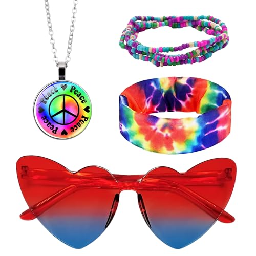 4 Stück Hippie Kostüm Set, Hippie Accessoires Costume für Herren und Damen, Buntes Stirnband,Regenbogenarmbandretro Vintage Brille,Friedenszeichen Halskette, 60er 70er Kostüm Zubehör, Hippie-Kostüm von BCYSNR