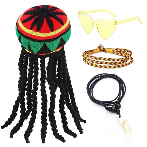 4 Stücke Reggae Outfit Set - Rasta Perücke, Gelber Brille, Geflochtenes Armband, Halskette, Kostümset Rastamann, Reggae Hippie Zubehör für Erwachsene, Motto-Party, Karneval, Cosplay von BCYSNR