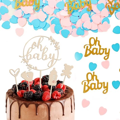 5 Stück Oh Baby Cake Topper Holz mit Babyparty Konfetti, Kuchen Topper Babyparty Tortendeko, Tortendeko Babyshower, Kuchenstecker Baby Shower Deko, Gender Reveal Partydeko für Mädchen Junge von BCYSNR
