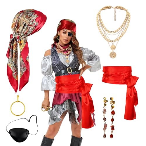 BCYSNR 7 Stück Piraten Kostüm, Piratenkostüm Damen Accessoires, Piratenkostüm Damen, Piratenkopftuch Augenklappe Ohrringe für Halloween Karnevalsparty von BCYSNR