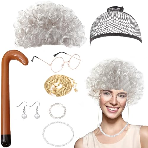 8 Stück Oma Perücke Kostüm Set, Oma Perücke Oma Brille Perücke Halskette Kostüm Accessoires Für 70er 80er 90er Oma Cosplay Zubehör Alte Dame Cosplay Set Halsketten Armband Perlenkette für Karneval von BDBFPAN