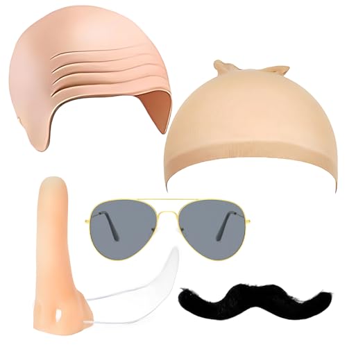 5 PCS Glatzenkappe Set, Bald Caps, Sonnenbrille Halloween und Cosplay Set, Inklusive Glatze Perücke, Brille und Nasen, Geeignet für Rollenspielliebhaber 5 PCS Glatzenkappe Set, Bald Caps, Sonnenbrille Halloween und Cosplay Set, Inklusive Glatze Perücke, Brille und Nasen, Geeignet für Rollenspielliebhaber von BDBFPAN