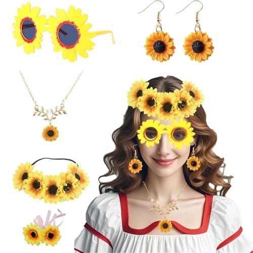 BDBFPAN Sonnenblumen Kostüm Damen, Sonnenblume Kostüm Mit Blumenkranz Ohrring Blumen-Armbänder Sonnenbrille Sonnenblumen Baumeln Sonnenblumen Haarreif Für Fasching Party 60er 70er Kostüm Zubehör BDBFPAN Sonnenblumen Kostüm Damen, Sonnenblume Kostüm Mit Blumenkranz Ohrring Blumen-Armbänder Sonnenbrille Sonnenblumen Baumeln Sonnenblumen Haarreif Für Fasching Party 60er 70er Kostüm Zubehör von BDBFPAN