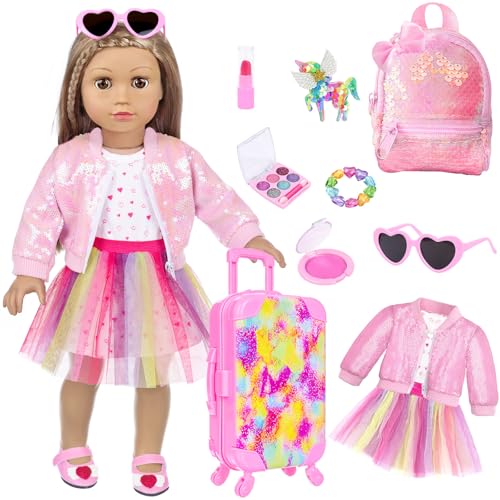 BDDOLL American Kleidung und Accessoires für 45,7 cm große Puppen mit Reisekoffer und Make-up für 45,7 cm große Puppen, inklusive Beutel, Rucksack, Sonnenbrillenstift, Lidschattenpalette von BDDOLL
