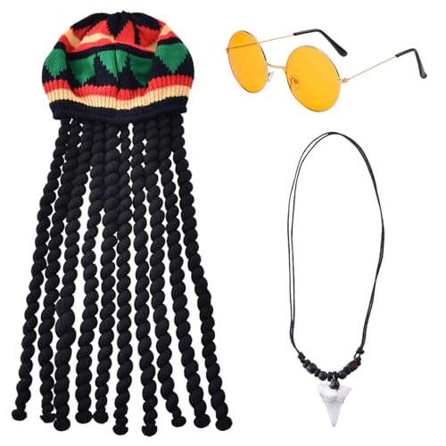 BDSHUNBF 3 Stück Mütze Rasta Dreadlocks, Rasta Hut Mit Gelber Brille Und Halskette, Langer Geflochtener Maskerade Kostümzubehör, Reggae Hut für Partys BDSHUNBF 3 Stück Mütze Rasta Dreadlocks, Rasta Hut Mit Gelber Brille Und Halskette, Langer Geflochtener Maskerade Kostümzubehör, Reggae Hut für Partys von BDSHUNBF