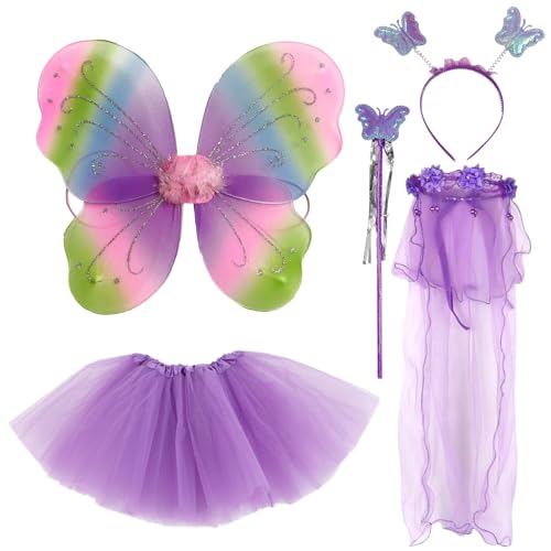 BDSHUNBF 5 Pcs Feen kostüm Kinder für Mädchen, Feenflügel Kinder Schmetterling Kostüm Mädchen, Schmetterlingsflügel Kinder Tutu Zauberstab und Haarreifen, Fee Kostüm Damen Schmetterling Flügel, Lila BDSHUNBF 5 Pcs Feen kostüm Kinder für Mädchen, Feenflügel Kinder Schmetterling Kostüm Mädchen, Schmetterlingsflügel Kinder Tutu Zauberstab und Haarreifen, Fee Kostüm Damen Schmetterling Flügel, Lila von BDSHUNBF
