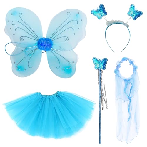 BDSHUNBF 5 Pcs Feen kostüm Kinder für Mädchen, Feenflügel Kinder Schmetterling Kostüm Mädchen, Schmetterlingsflügel Kinder Tutu Zauberstab und Haarreifen, Fee Kostüm Damen Schmetterling Flügel, Blau BDSHUNBF 5 Pcs Feen kostüm Kinder für Mädchen, Feenflügel Kinder Schmetterling Kostüm Mädchen, Schmetterlingsflügel Kinder Tutu Zauberstab und Haarreifen, Fee Kostüm Damen Schmetterling Flügel, Blau von BDSHUNBF