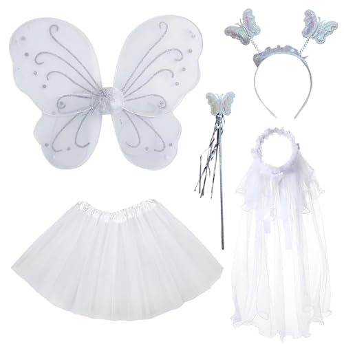BDSHUNBF 5 Pcs Feen kostüm Kinder für Mädchen, Feenflügel Kinder Schmetterling Kostüm Mädchen, Schmetterlingsflügel Kinder Tutu Zauberstab und Haarreifen, Fee Kostüm Damen Schmetterling Flügel (Weiß) BDSHUNBF 5 Pcs Feen kostüm Kinder für Mädchen, Feenflügel Kinder Schmetterling Kostüm Mädchen, Schmetterlingsflügel Kinder Tutu Zauberstab und Haarreifen, Fee Kostüm Damen Schmetterling Flügel (Weiß) von BDSHUNBF