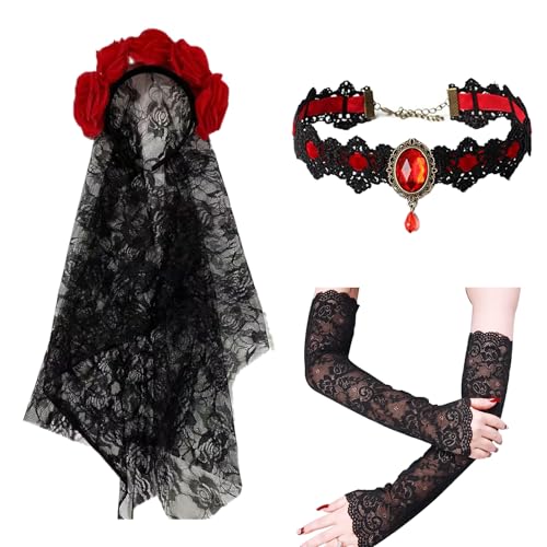 BDSHUNBF Halloween Kostüm, Schleier Schwarz Tüll mit Rosen, Damen Tag der Toten Haarschmuck, Mit Frauen Spitze Handschuhe Halskette, für Halloween Kostüm Damen BDSHUNBF Halloween Kostüm, Schleier Schwarz Tüll mit Rosen, Damen Tag der Toten Haarschmuck, Mit Frauen Spitze Handschuhe Halskette, für Halloween Kostüm Damen von BDSHUNBF