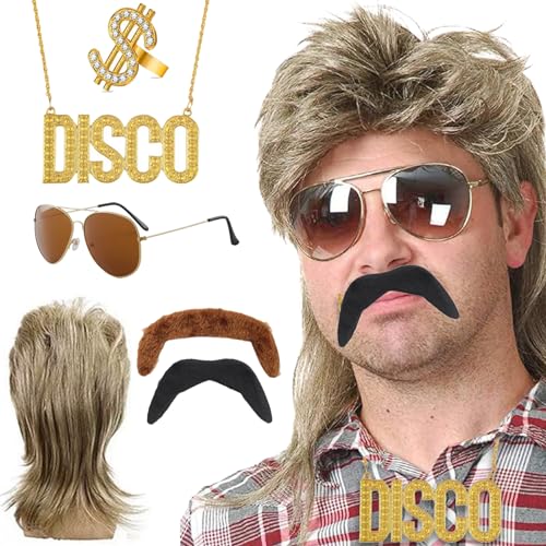 BDSHUNBF Vokuhila Perücke 70er 80er Blond Mullet Perücke Herren Lang mit Sonnenbrille Halskette Ringe Falscher Bart Cosplay Kostüm Halloween Perücke Retro Disco Punk Rocker Perücken BDSHUNBF Vokuhila Perücke 70er 80er Blond Mullet Perücke Herren Lang mit Sonnenbrille Halskette Ringe Falscher Bart Cosplay Kostüm Halloween Perücke Retro Disco Punk Rocker Perücken von BDSHUNBF