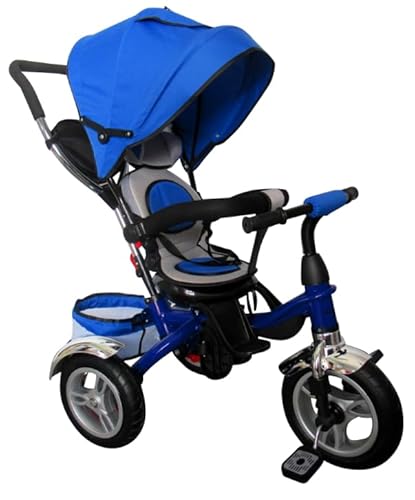 BDW Kinder-Dreirad mit 360° drehbarem Sitz, Aufblasbare Räder, faltbarem Verdeck, Elterngriff, 107 cm, 1-6 Jahre (Blau) von BDW