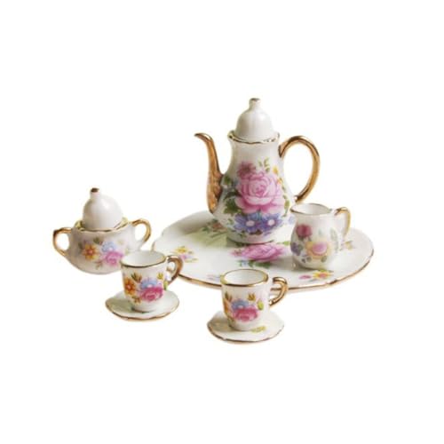 BEAHING 8pcs 1:12 Miniatur Keramik Tee Tasse Set Porzellan Tee Set Blütendruck mit Goldener Trimmpuppenhaus Küchenzubehör von BEAHING