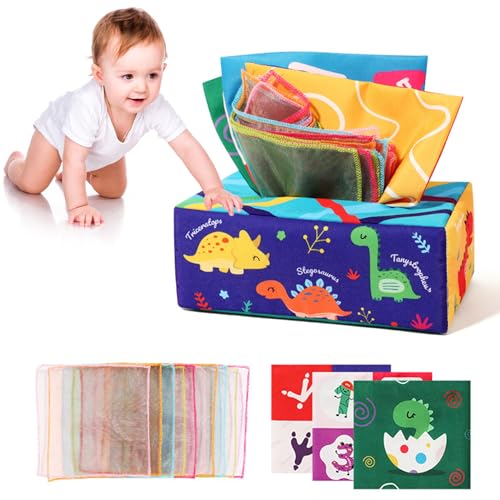 BEAHING Baby Tissue Box Spielzeug 0-6 Monate Sensorisches Spielzeug für Babys Crinkle Toys Frühes Lernen Spielzeug für Babygeschenke Dinosaurier, Baby Tissue Box Spielzeug von BEAHING