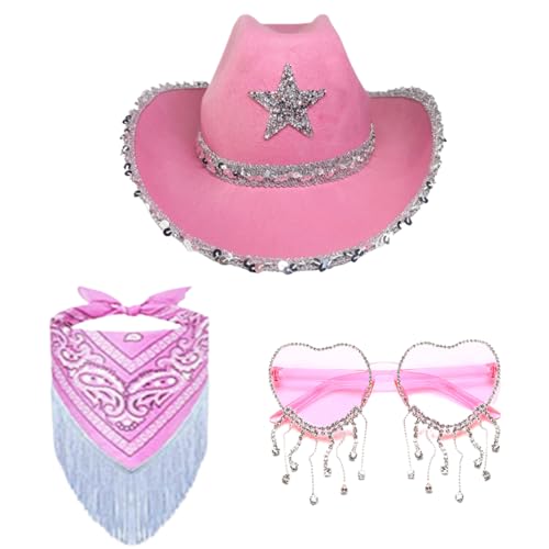 BEAHING Cowgirl Hat, Cowgirl Kostüm Frauen, westlicher Cowgirl-Hut mit Bandana ＆ Herzförmige Sungals, Wide Bim Cowboy Kostüm für Party Geburtstagsstil22 von BEAHING