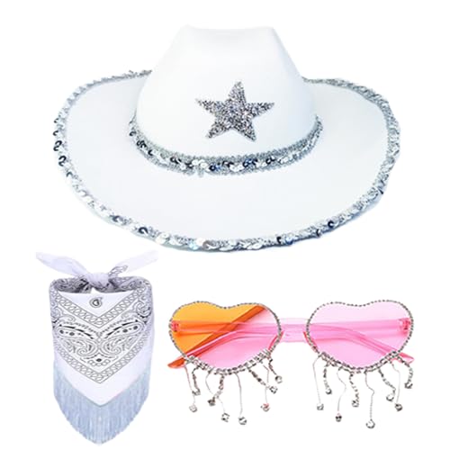 BEAHING Cowgirl-Hut, Cowgirl-Kostüm Frauen, westlicher Cowgirl-Hut mit Bandana ＆ Herzförmige Sungals, breites Bim-Cowboy-Kostüm für Party Geburtstag weiß von BEAHING