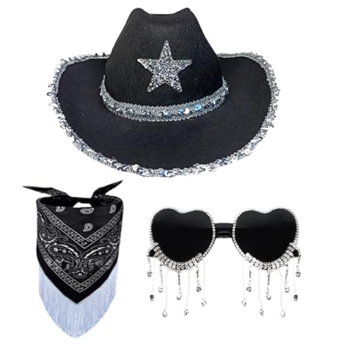 BEAHING Cowgirl-Hut, Cowgirl-Kostüminnen Frauen, westlicher Cowgirl-Hut mit Bandana ＆ Herzförmige Sungals, breites Bim-Cowboy-Kostüm für Party Geburtstag Schwarz von BEAHING