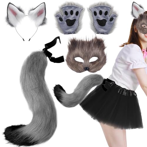 BEAHING Fox Costumefox Kostüm 1 Set Realistic Fluffy Cute Grey Decorative Therian Getriebe umfasst Fox -Maske, Fuchsohren, Fuchsschwanz und Fox -Pfoten für Maskerade Cosplay Party Halloween von BEAHING