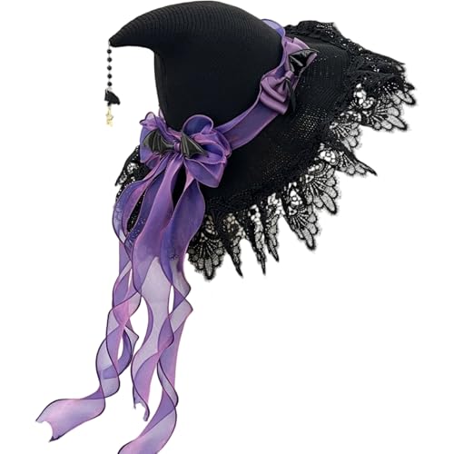 BEAHING Hexenhut, lila Hexenhut Lolita Girl Wizard mit Spitzenverkleidung und Band für Frauen Halloween Cosplay Party Accessoire von BEAHING