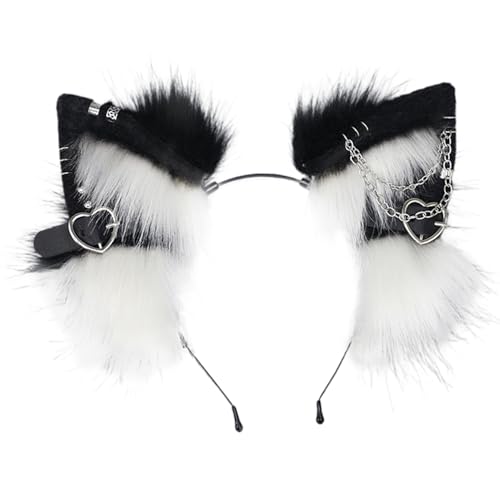 BEAHING Katzen Wolf Fuchs Hund Ohren Stirnband, pelzige Ohren Kopfbedeckung mit Metall Herz und Kettendekor Gothic Punk Therian Ohrs Haarband für Halloween Kostümparty, Schwarz und Weiß BEAHING Katzen Wolf Fuchs Hund Ohren Stirnband, pelzige Ohren Kopfbedeckung mit Metall Herz und Kettendekor Gothic Punk Therian Ohrs Haarband für Halloween Kostümparty, Schwarz und Weiß von BEAHING