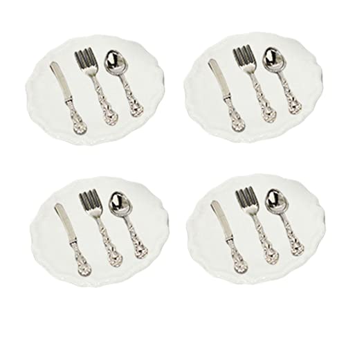 BEAHING Mini -Teller Gabeln, Miniatur -Tabellengeschirr Mini -Platten Gabeln Löffel Bieger Set Dollhouse Kitchen Zubehör 4sets, Miniatur -Besteckset Set von BEAHING