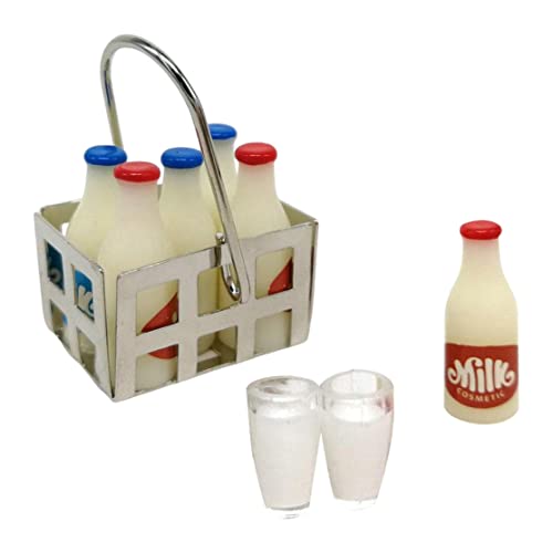 BEAHING Miniatur Milchflasche Korb Set Milchflaschen Milch Tassen Puppenhaus Lebensmittelzubehör 9PCS Style1, Miniatur Milchflasche Korb von BEAHING