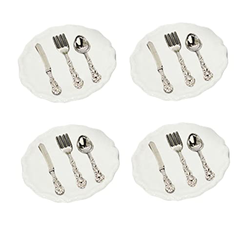 Doll House Fork Löffel, Miniatur -Tabellengeschirr Mini -Teller Gabeln Löffel Besteck Set Dollhouse Küchenzubehör 4sets, Mini Dollhouse Kitchen Accessoires von BEAHING