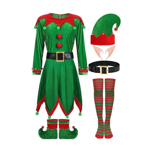 BEALIFE Komplettes Set für Damen, Elfenkostüm, Weihnachtsmann Kostüm, Weihnachts Deluxe Outfit, Polyester, Damen Weihnachts Elfenkostüm Set, Grün, L von BEALIFE