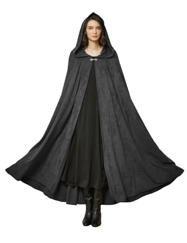 BEAUTELICATE Unisex Umhang mit Kapuze Lang Damen Herren Halloween Cape Wildlederimitat für Mittelalter Fasching Karneval Kostüm Robe Vampir Hexen Wikinger Kostüm,Dunkelgrau von BEAUTELICATE