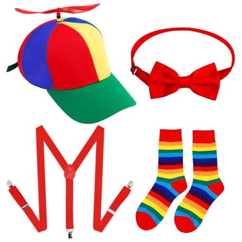 BEAUTIFABLE 1 Set Propellerhut für Erwachsene, 5 Stück Tweedle Dee und Tweedle Dum Kostüm beinhaltet 1 × Regenbogen-Clown-Hut, 1 × Y-Rücken-Stil, 1 × Fliege, 2 × Clown-Socken für Erwachsene, Männer von BEAUTIFABLE