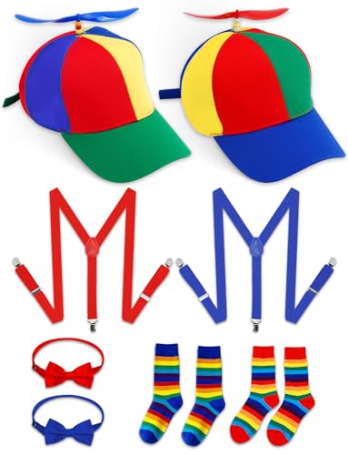 BEAUTIFABLE 2 Set Propellerhut Halloween Set, enthalten Regenbogen Top Clown Hüte, Y Rücken Stil Hosenträger, Fliege, Clownsocken für Erwachsene Männer Frauen, Mehrfarbig, Einheitsgröße von BEAUTIFABLE