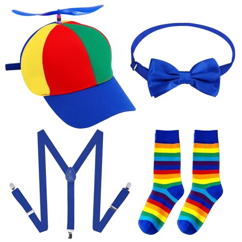 BEAUTIFABLE Propeller Zylinder Regenbogen Nerd Silly Twirly Cap Hubschrauber Hut mit Spinner, Y Back Style Strapsen, Clown Socken und verstellbarer Fliege für Kostüme, Blau Set BEAUTIFABLE Propeller Zylinder Regenbogen Nerd Silly Twirly Cap Hubschrauber Hut mit Spinner, Y Back Style Strapsen, Clown Socken und verstellbarer Fliege für Kostüme, Blau Set von BEAUTIFABLE