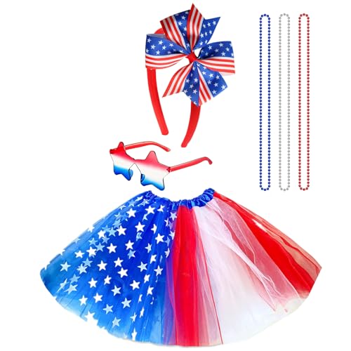 BEBAOVO Patriotisches Tutu-Kostüm-Set, Sterne und Streifen, Rock, Schleife, Stirnband, Sonnenbrille, Perlenketten, Partyzubehör, rot-weiß-blauer Stil für Unabhängigkeitstag, Gedenktag, Rot / Weiß BEBAOVO Patriotisches Tutu-Kostüm-Set, Sterne und Streifen, Rock, Schleife, Stirnband, Sonnenbrille, Perlenketten, Partyzubehör, rot-weiß-blauer Stil für Unabhängigkeitstag, Gedenktag, Rot / Weiß von BEBAOVO