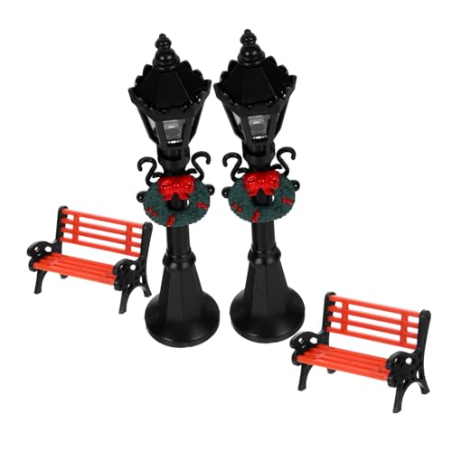 BEBEMOKO 2 Sets Puppenhaus Mini-straßenlaternen, Parkbank, Stuhl, Modell, Miniatur-lampenpfosten, Sitzbank Für Weihnachtsdorf, Feengarten, Zug, Landschaftsdekor von BEBEMOKO