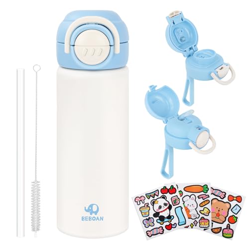 BEBOAN 2-in-1 Kinder Trinkflasche - Direkttrinken & Trinkhalm, Thermo Edelstahl Trinkflasche, BPA-frei Kinderflasche für Schule Kindergarten, Auslaufsicher, mit Strohhalm (Blau,550ml) von BEBOAN