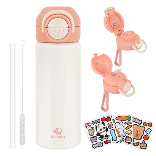 BEBOAN 550ml Edelstahl Trinkflasche mit Strohhalm Kinder Auslaufsicher Kinderisolierflasche mit Zweifacher Trinköffnung (Direkttrinken & Trinkhalm) BPA-frei Wasserflasche für Kindergarten Schule, Rosa von BEBOAN