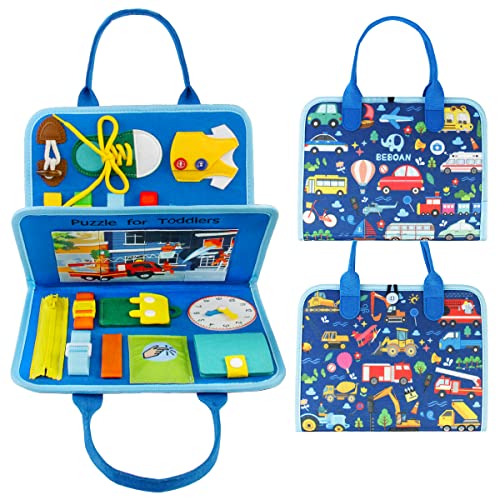 BEBOAN Activity Board, Busy Board Baby ab 1 2 3 4 5 Jahr, Motorikbrett für Kleinkinder Spielzeug, Aktivity Buch Sensorik Lernspielzeug für Jungen, Montessori Brett mit Automobildesign(Blau) von BEBOAN