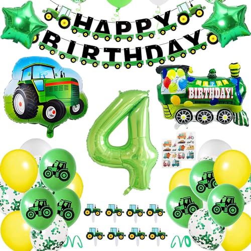 BECILES Traktor Geburtstag Deko,Folienballon Zahl in 4 Grün ,Folienballon Traktor,Traktor Luftballons mit Happy Birthday Girlande für Kindergeburtstag Geburtstagdeko von BECILES