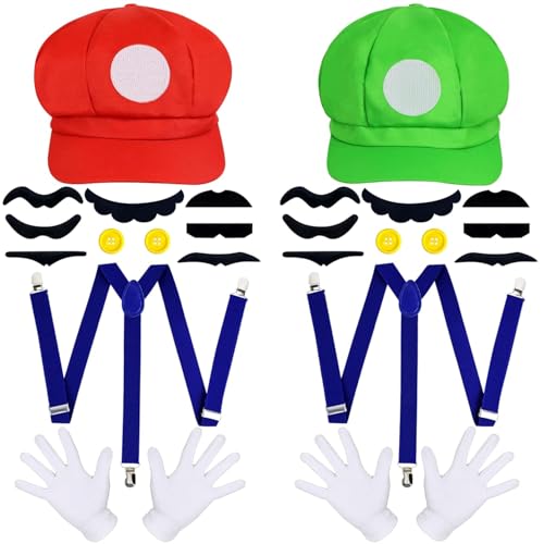BEELUKY Mario und Luigi Kostüm Super Mario Kostüm Mario Kostüm Accessoires Super Bros Kostüm Mario Luigi Kostüm Accessoires Luigi-Hut Schnurrbart für Geburtstagsparty Halloween Cosplay Karneval von BEELUKY