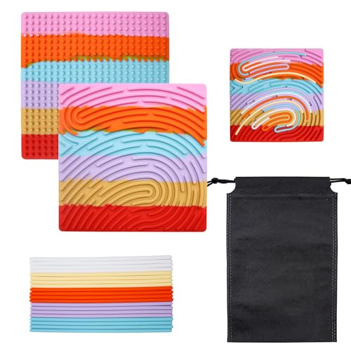 BEELUKY Sensorik Activity Board Quadrat Spielzeug Activity Board Sensorisches Aktivitätstafel Sensorik Spielzeug mit Reisetasche 20 Silikonstreifen für Kinder Erwachsene Stressabbau(Regenbogenfarben) von BEELUKY