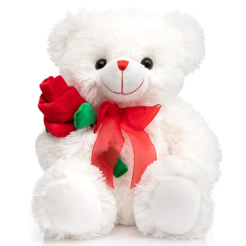 BEJOY Stuffed Animal Teddybär Plüschtier Rose Bär mit roter Schleife weiches Stofftiere Spielzeug, Geschenk für Valentinstag, 30cm Weiß von BEJOY