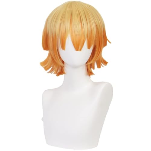 Anime Cosplay Agatsuma Zenitsu Perücke, Kurze Gerade Gelbe Dunkelorangefarbene Haarperücken Für Halloween, Party, Karneval, Nachtleben von BELEB