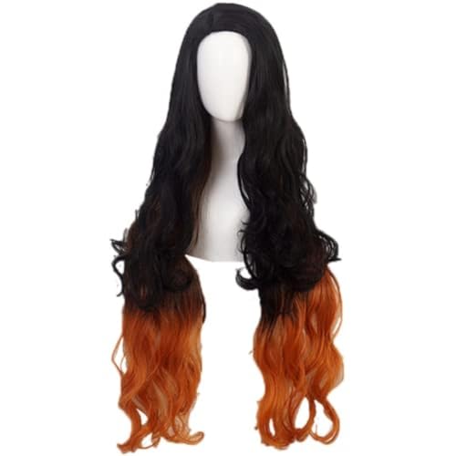 Anime Cosplay Kamado Nezuko Perücke, Lange Schwarze Farbverlauf Orange Haar Frauen Perücken für Halloween, Party, Karneval, Nachtleben, Konzerte, Hochzeiten von BELEB