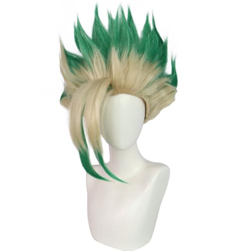 Anime Ishigami Senku Cosplay Perücke, Grüner Farbverlauf Kurzes Haar Rollenspiel Halloween Kostüm Party von BELEB