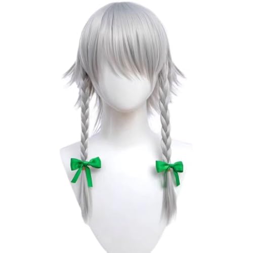 Anime Izayoi Sakuya Touhou Projekt Cosplay Perücke, Silber und Weiß Doppelt geflochtene Kurze Haare Rollenspiel Perückenfür Halloween Kostüm Party von BELEB