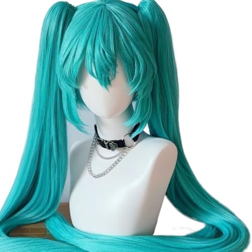 Anime Miku Cosplay Perücke, mit 2 Pferde Lange gerade Perücken mit Pony Grüne Perücken für Halloween Kostüm Party von BELEB