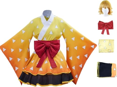 BELEB Anime Agatsuma Zenitsu Halloween Cosplay Kostüm Party Outfit Kimono Dienstmädchen Kleid mit Perücke (Agatsuma Zenitsu,L) von BELEB