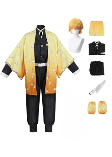 BELEB Anime Cosplay Kostüm Für Agatsuma Zenitsu Outfit Halloween Party Kimono Uniform Mit Perücke (Agatsuma Zenitsu,S) von BELEB
