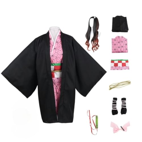 BELEB Anime Cosplay Kostüm Für Kamado Nezuko Outfit Halloween Kimono Maid Kleid Uniform Mit Perücke (Kamado Nezuko,M) von BELEB