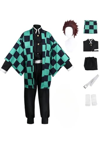 BELEB Anime Cosplay Kostüm Für Kamado Tanjirou Outfit Halloween Party Kimono Uniform Mit Perücke (Kamado Tanjirou,S) von BELEB