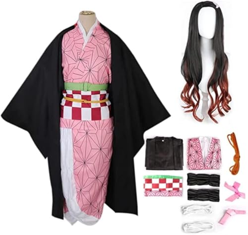 BELEB Anime Kamado Nezuko Kostüm Kimono Outfit Halloween Party Uniform Mit Perücke (Small,Set+wig) von BELEB